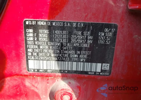 2017 Honda Hr-V Ex from USA, damaged, VIN 3CZRU5H51HM727823